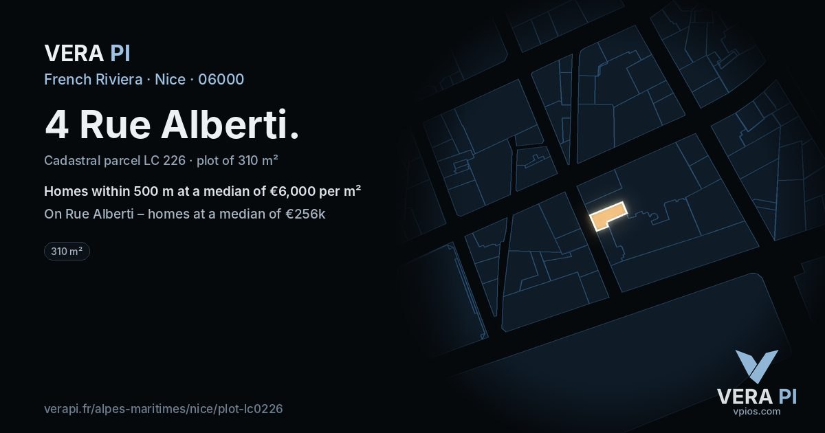 4 Rue Alberti, Nice at night – the plot lit, the parcels around coloured by the prices near them