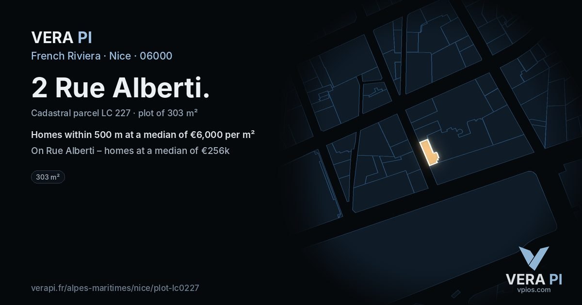 2 Rue Alberti, Nice at night – the plot lit, the parcels around coloured by the prices near them