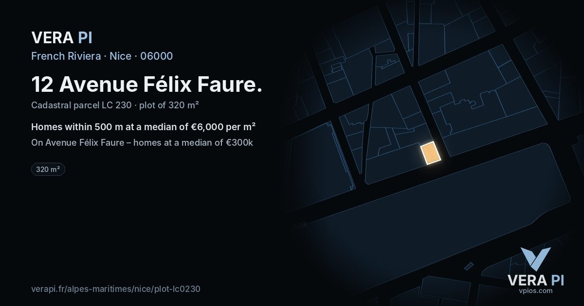 12 Avenue Félix Faure, Nice at night – the plot lit, the parcels around coloured by the prices near them