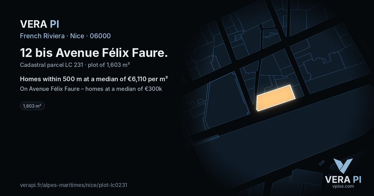 12 bis Avenue Félix Faure, Nice at night – the plot lit, the parcels around coloured by the prices near them