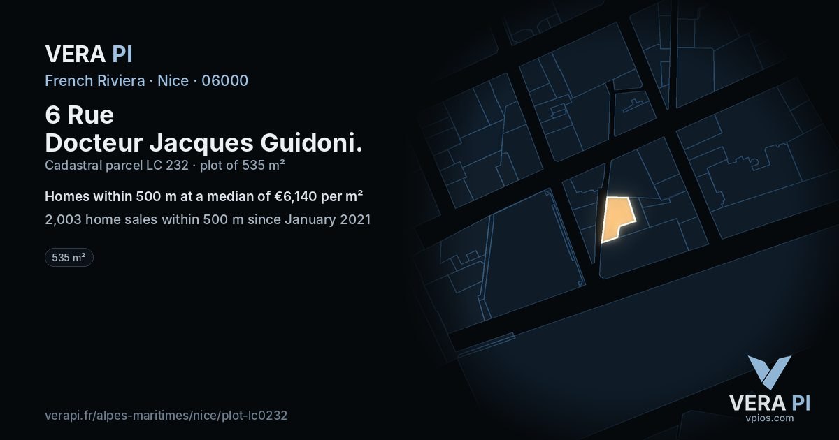 6 Rue Docteur Jacques Guidoni, Nice at night – the plot lit, the parcels around coloured by the prices near them