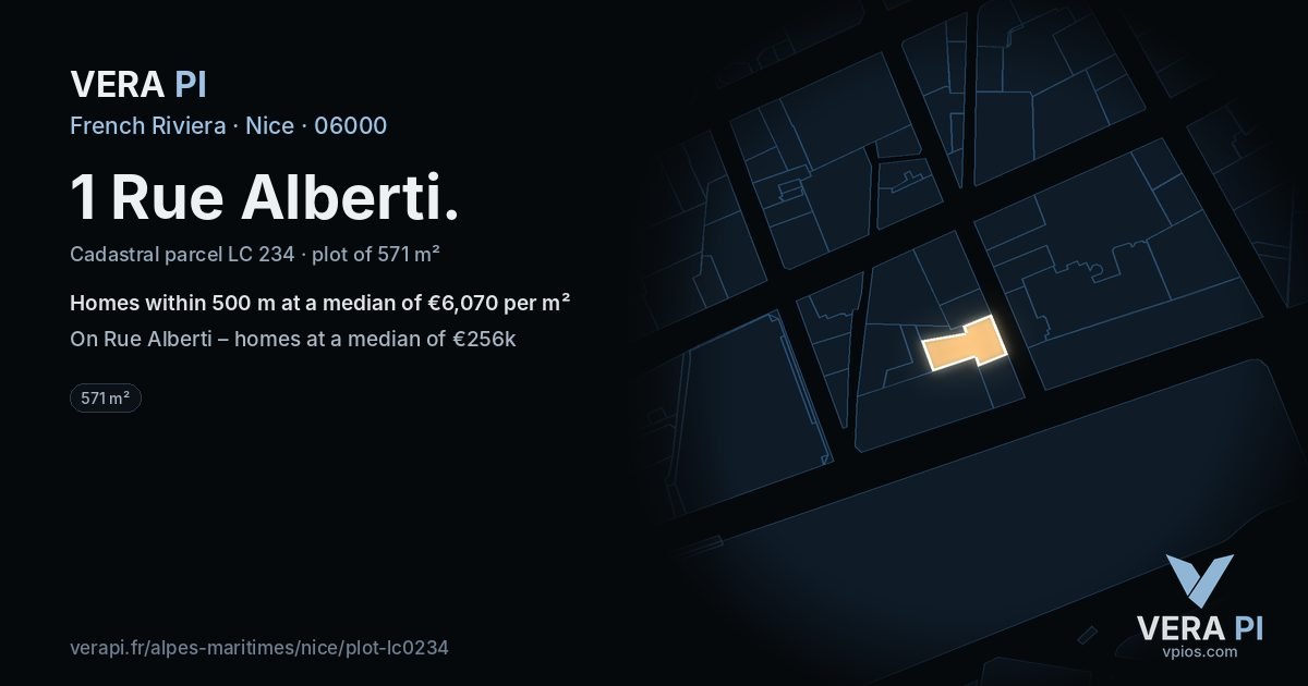 1 Rue Alberti, Nice at night – the plot lit, the parcels around coloured by the prices near them