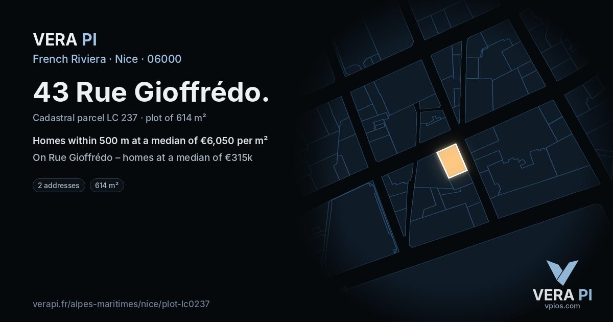 43 Rue Gioffrédo, Nice at night – the plot lit, the parcels around coloured by the prices near them