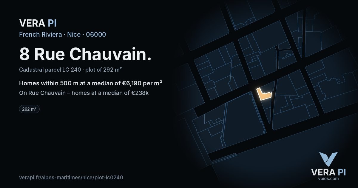 8 Rue Chauvain, Nice at night – the plot lit, the parcels around coloured by the prices near them