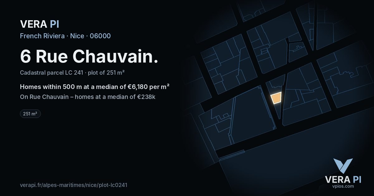 6 Rue Chauvain, Nice at night – the plot lit, the parcels around coloured by the prices near them