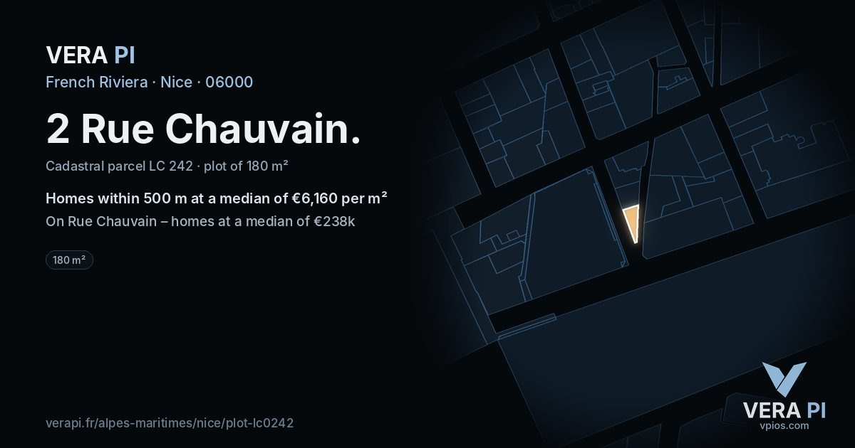 2 Rue Chauvain, Nice at night – the plot lit, the parcels around coloured by the prices near them