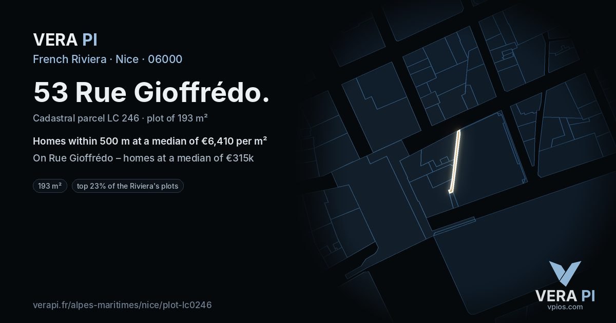 53 Rue Gioffrédo, Nice at night – the plot lit, the parcels around coloured by the prices near them