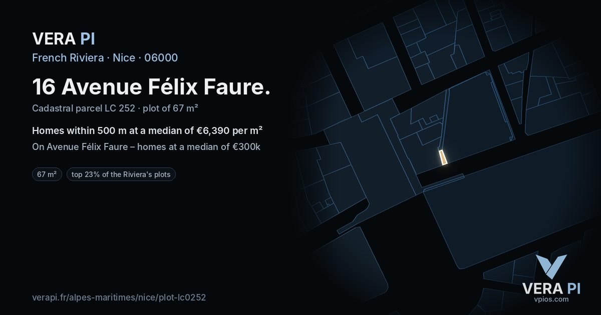 16 Avenue Félix Faure, Nice at night – the plot lit, the parcels around coloured by the prices near them