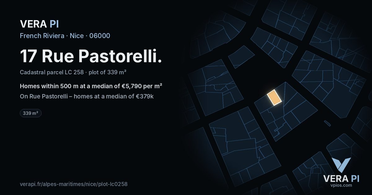 17 Rue Pastorelli, Nice at night – the plot lit, the parcels around coloured by the prices near them