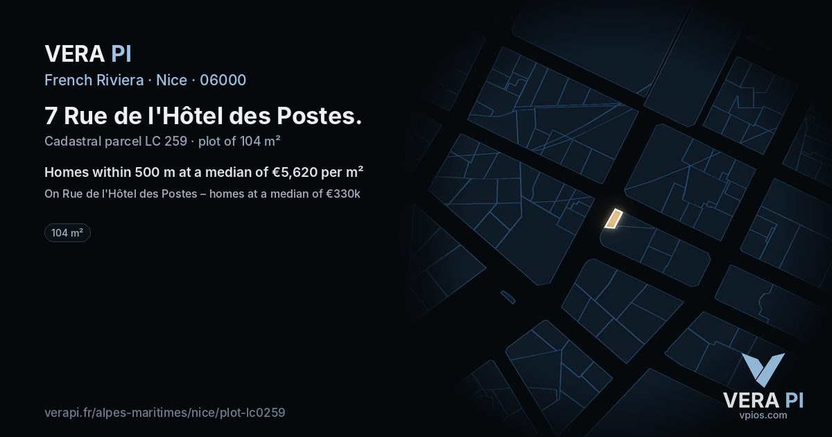 7 Rue de l'Hôtel des Postes, Nice at night – the plot lit, the parcels around coloured by the prices near them