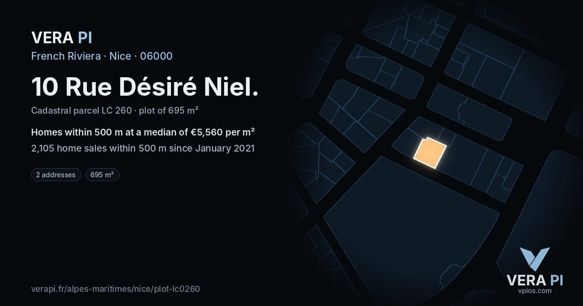 10 Rue Désiré Niel, Nice at night – the plot lit, the parcels around coloured by the prices near them
