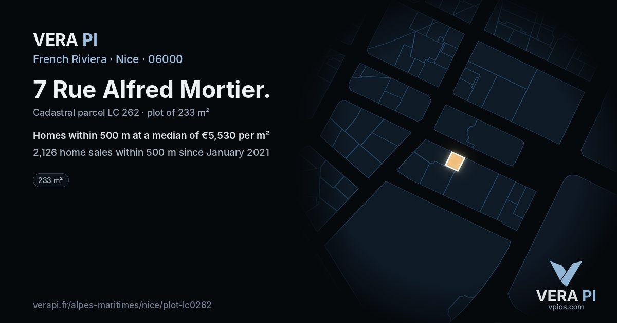 7 Rue Alfred Mortier, Nice at night – the plot lit, the parcels around coloured by the prices near them