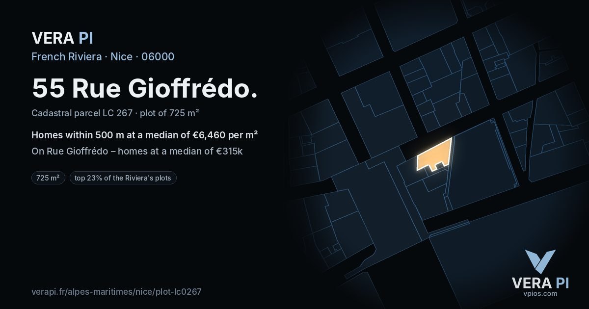 55 Rue Gioffrédo, Nice at night – the plot lit, the parcels around coloured by the prices near them