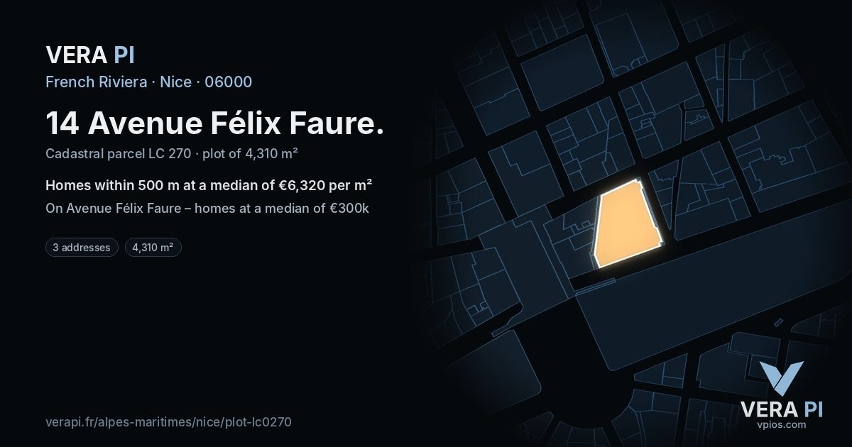 14 Avenue Félix Faure, Nice at night – the plot lit, the parcels around coloured by the prices near them