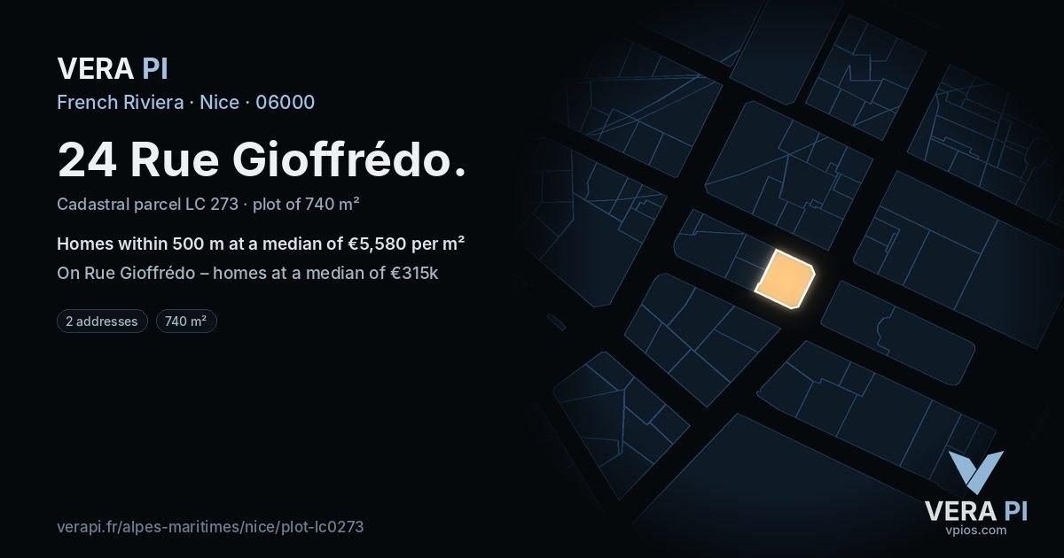 24 Rue Gioffrédo, Nice at night – the plot lit, the parcels around coloured by the prices near them