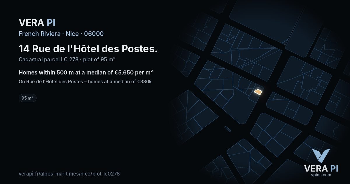 14 Rue de l'Hôtel des Postes, Nice at night – the plot lit, the parcels around coloured by the prices near them