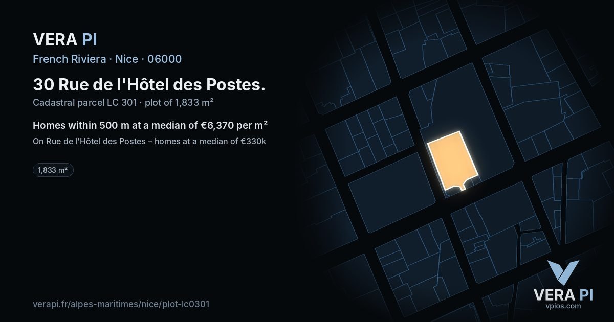 30 Rue de l'Hôtel des Postes, Nice at night – the plot lit, the parcels around coloured by the prices near them