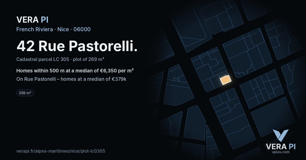 42 Rue Pastorelli, Nice at night – the plot lit, the parcels around coloured by the prices near them