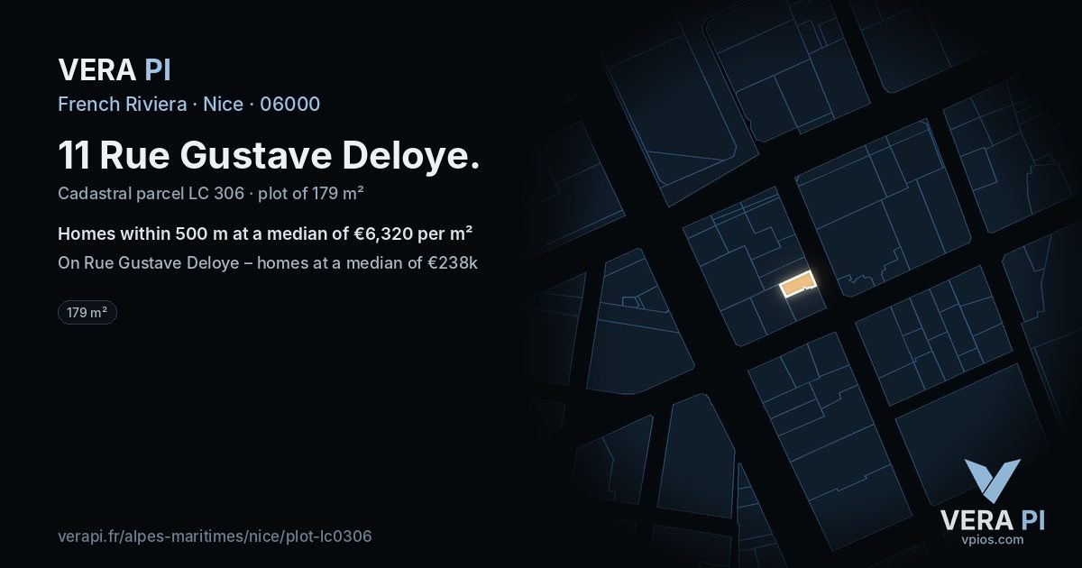 11 Rue Gustave Deloye, Nice at night – the plot lit, the parcels around coloured by the prices near them