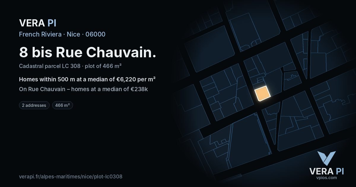 8 bis Rue Chauvain, Nice at night – the plot lit, the parcels around coloured by the prices near them