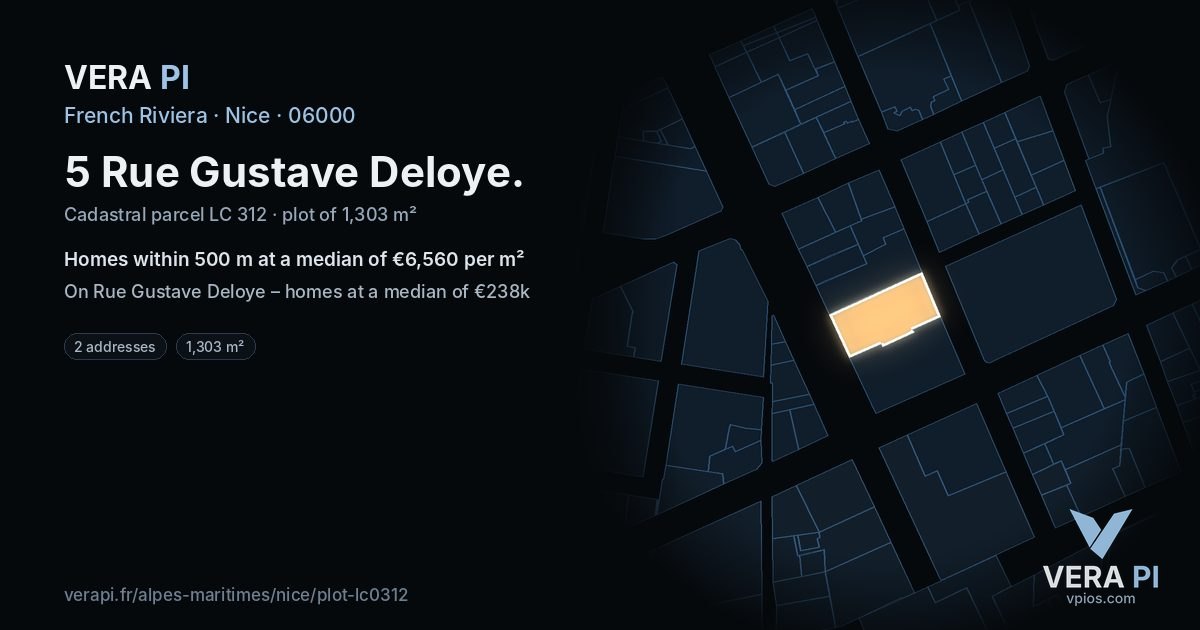 5 Rue Gustave Deloye, Nice at night – the plot lit, the parcels around coloured by the prices near them