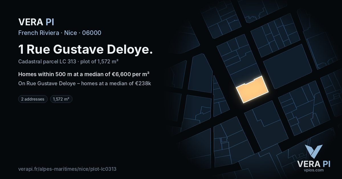 1 Rue Gustave Deloye, Nice at night – the plot lit, the parcels around coloured by the prices near them