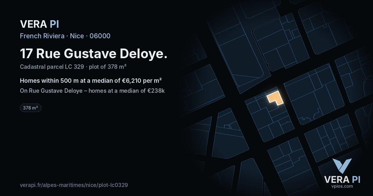 17 Rue Gustave Deloye, Nice at night – the plot lit, the parcels around coloured by the prices near them
