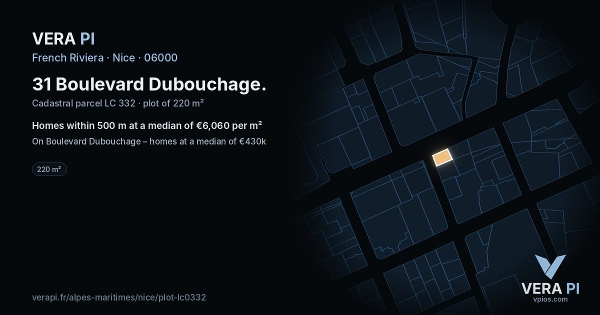 31 Boulevard Dubouchage, Nice at night – the plot lit, the parcels around coloured by the prices near them