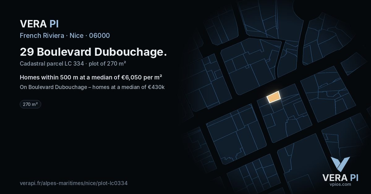 29 Boulevard Dubouchage, Nice at night – the plot lit, the parcels around coloured by the prices near them