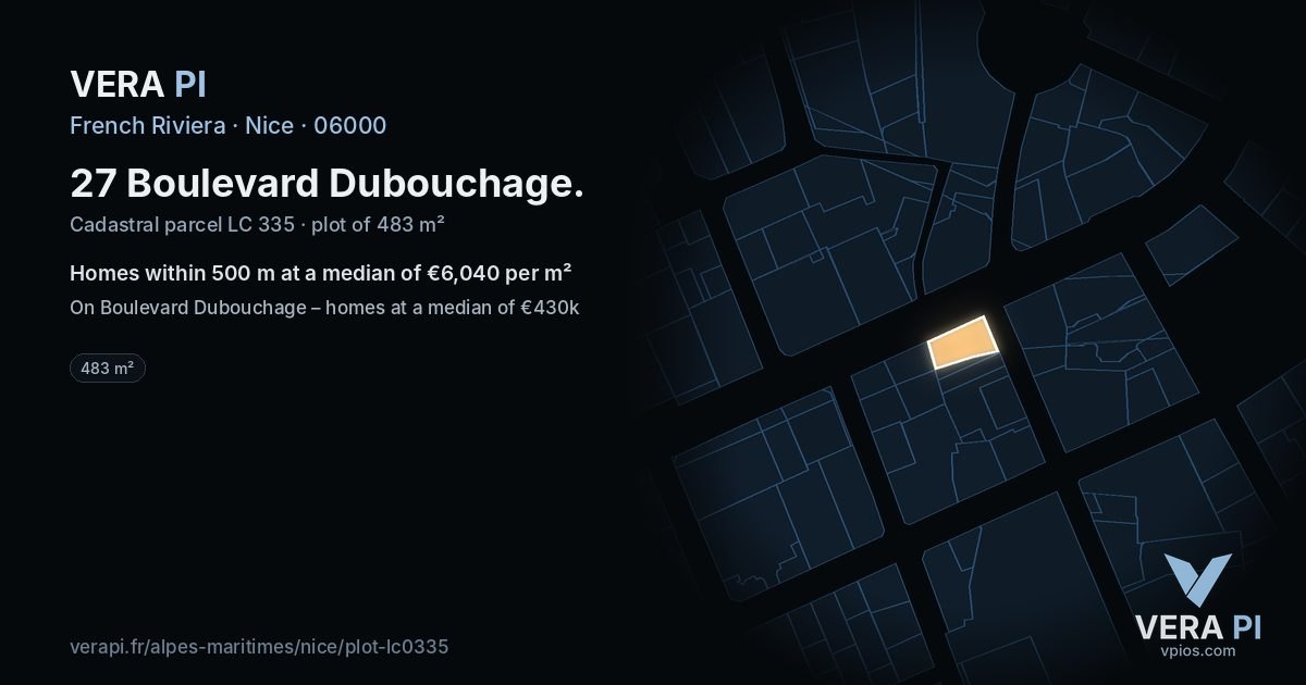27 Boulevard Dubouchage, Nice at night – the plot lit, the parcels around coloured by the prices near them