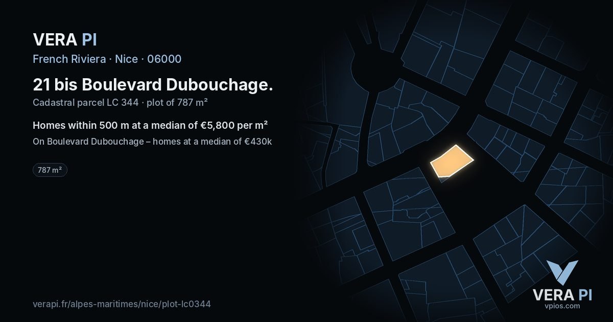 21 bis Boulevard Dubouchage, Nice at night – the plot lit, the parcels around coloured by the prices near them