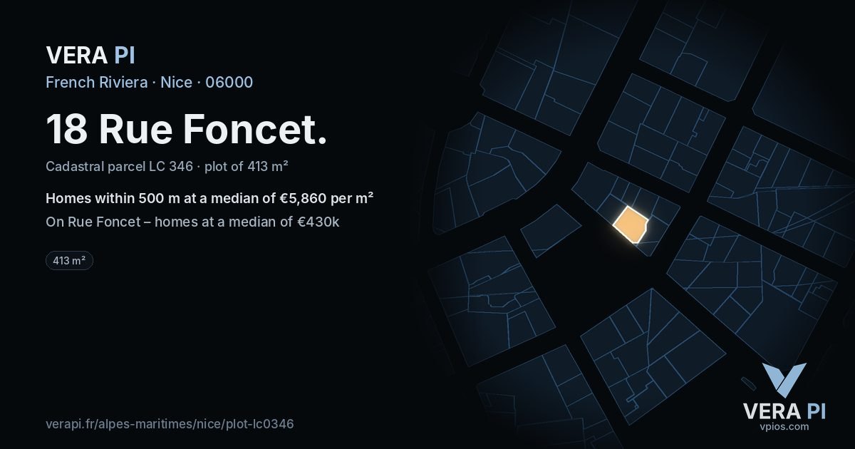 18 Rue Foncet, Nice at night – the plot lit, the parcels around coloured by the prices near them