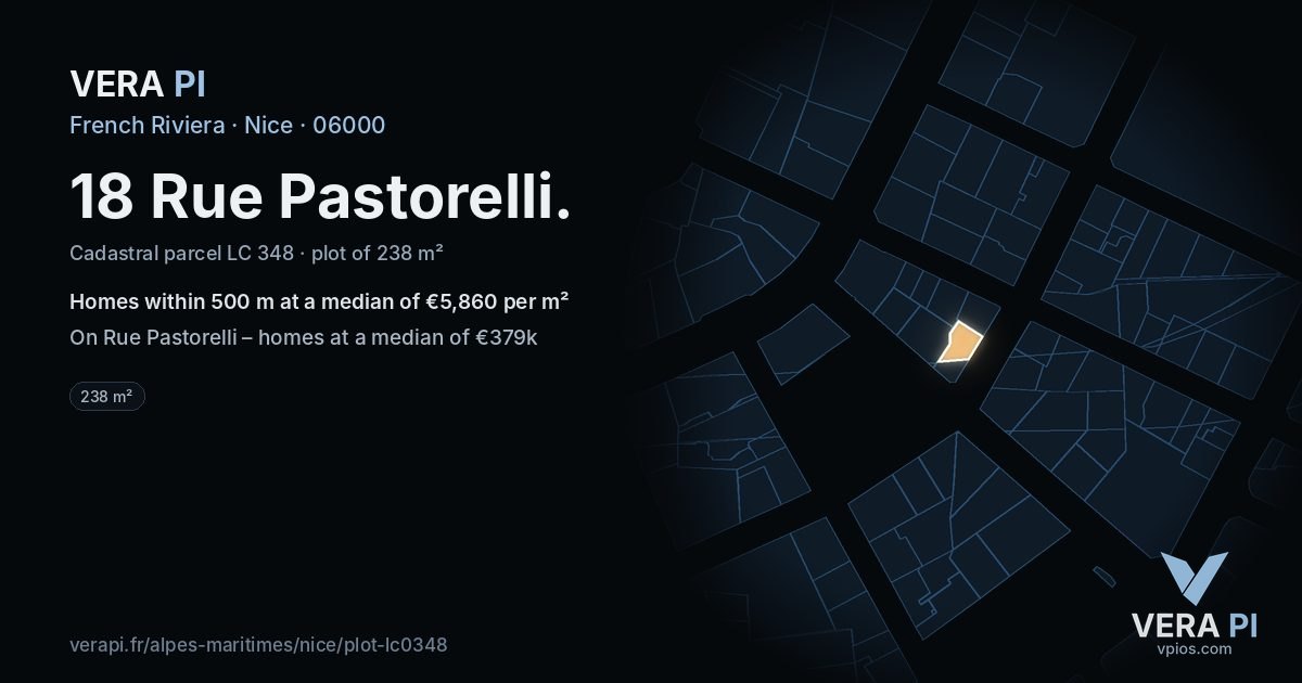 18 Rue Pastorelli, Nice at night – the plot lit, the parcels around coloured by the prices near them