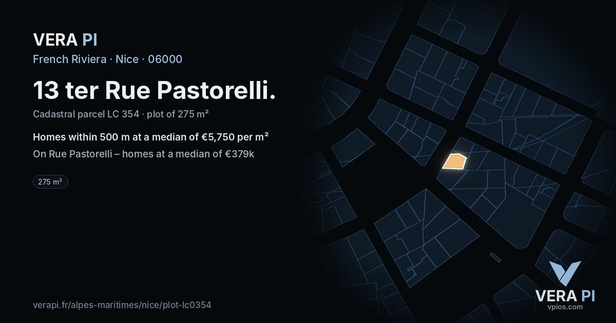 13 ter Rue Pastorelli, Nice at night – the plot lit, the parcels around coloured by the prices near them