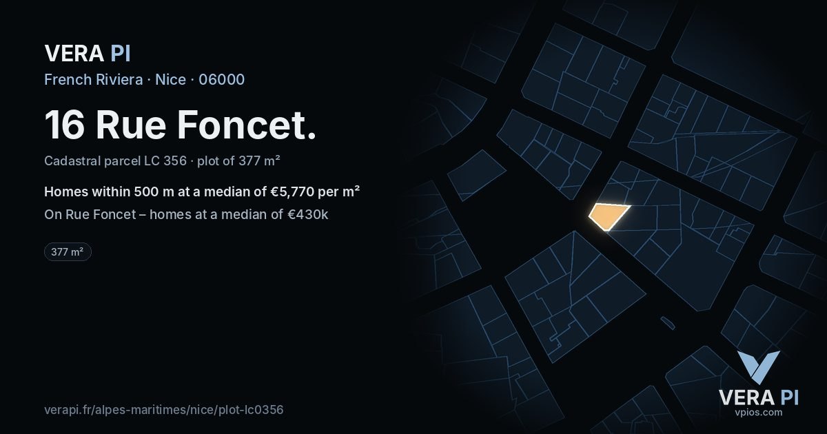 16 Rue Foncet, Nice at night – the plot lit, the parcels around coloured by the prices near them