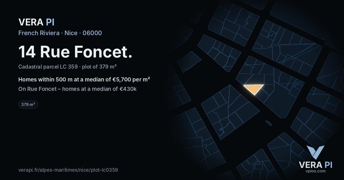 14 Rue Foncet, Nice at night – the plot lit, the parcels around coloured by the prices near them