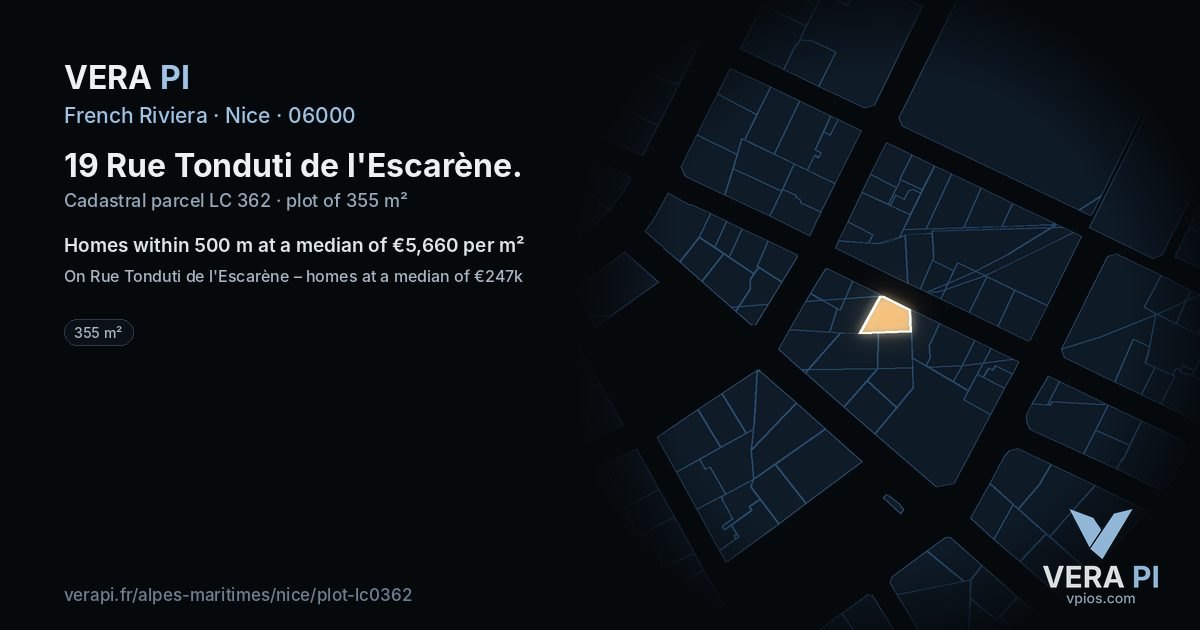 19 Rue Tonduti de l'Escarène, Nice at night – the plot lit, the parcels around coloured by the prices near them