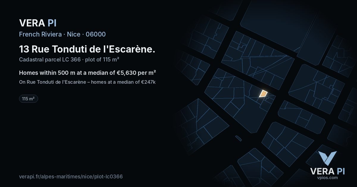 13 Rue Tonduti de l'Escarène, Nice at night – the plot lit, the parcels around coloured by the prices near them