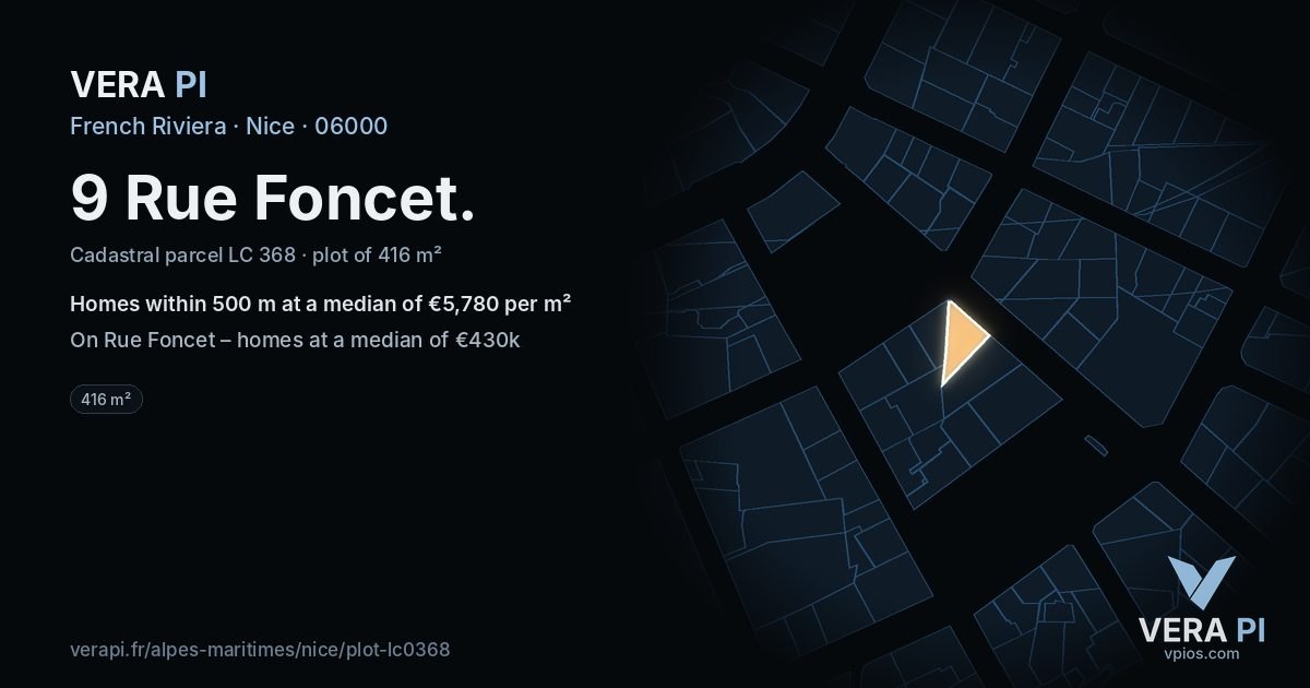 9 Rue Foncet, Nice at night – the plot lit, the parcels around coloured by the prices near them