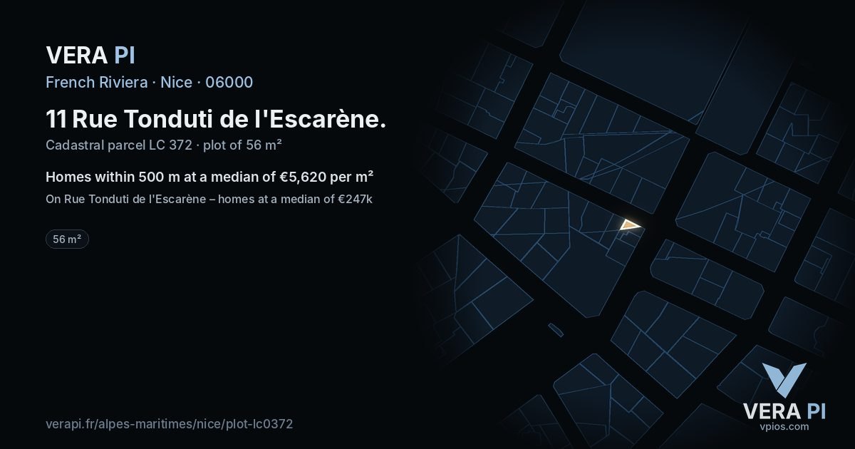 11 Rue Tonduti de l'Escarène, Nice at night – the plot lit, the parcels around coloured by the prices near them