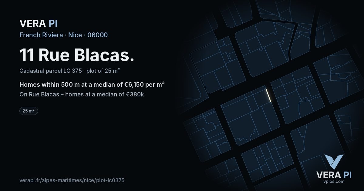 11 Rue Blacas, Nice at night – the plot lit, the parcels around coloured by the prices near them