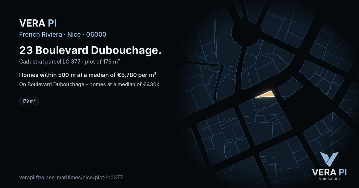 23 Boulevard Dubouchage, Nice at night – the plot lit, the parcels around coloured by the prices near them