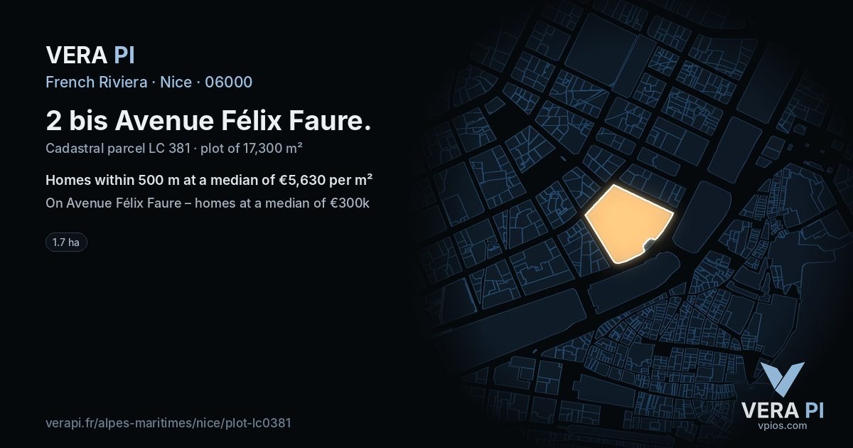 2 bis Avenue Félix Faure, Nice at night – the plot lit, the parcels around coloured by the prices near them