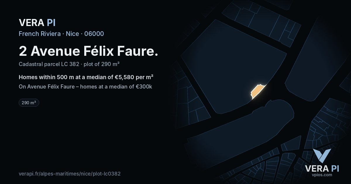 2 Avenue Félix Faure, Nice at night – the plot lit, the parcels around coloured by the prices near them