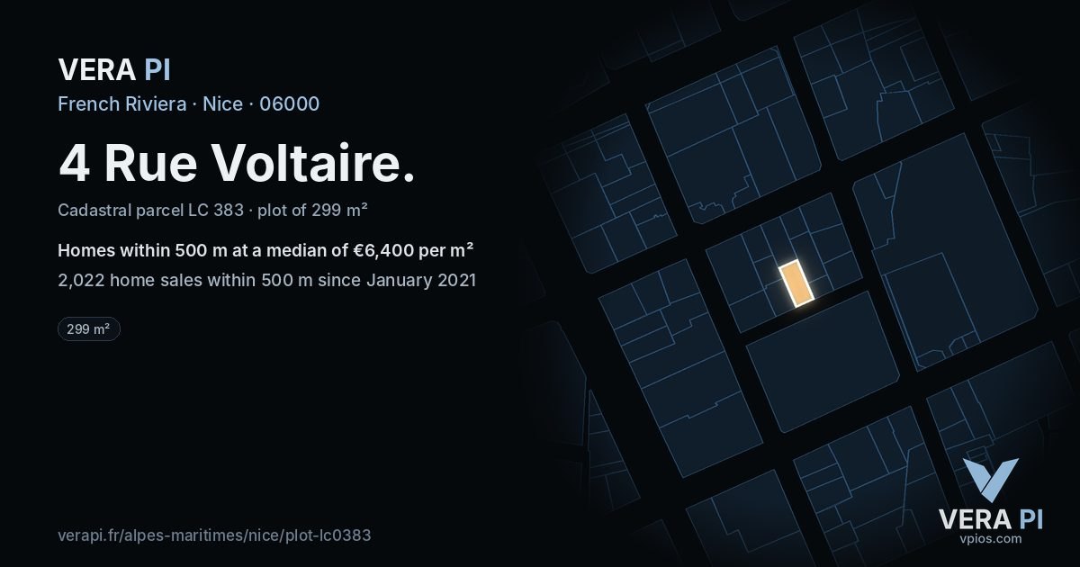 4 Rue Voltaire, Nice at night – the plot lit, the parcels around coloured by the prices near them