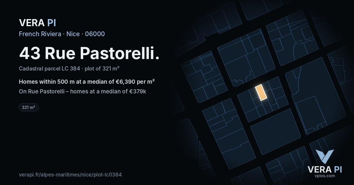 43 Rue Pastorelli, Nice at night – the plot lit, the parcels around coloured by the prices near them