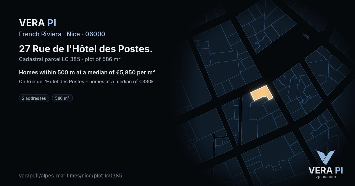 27 Rue de l'Hôtel des Postes, Nice at night – the plot lit, the parcels around coloured by the prices near them