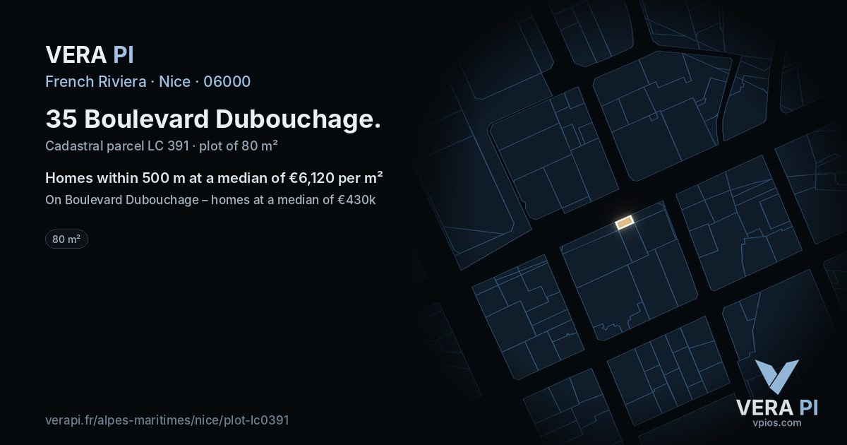 35 Boulevard Dubouchage, Nice at night – the plot lit, the parcels around coloured by the prices near them