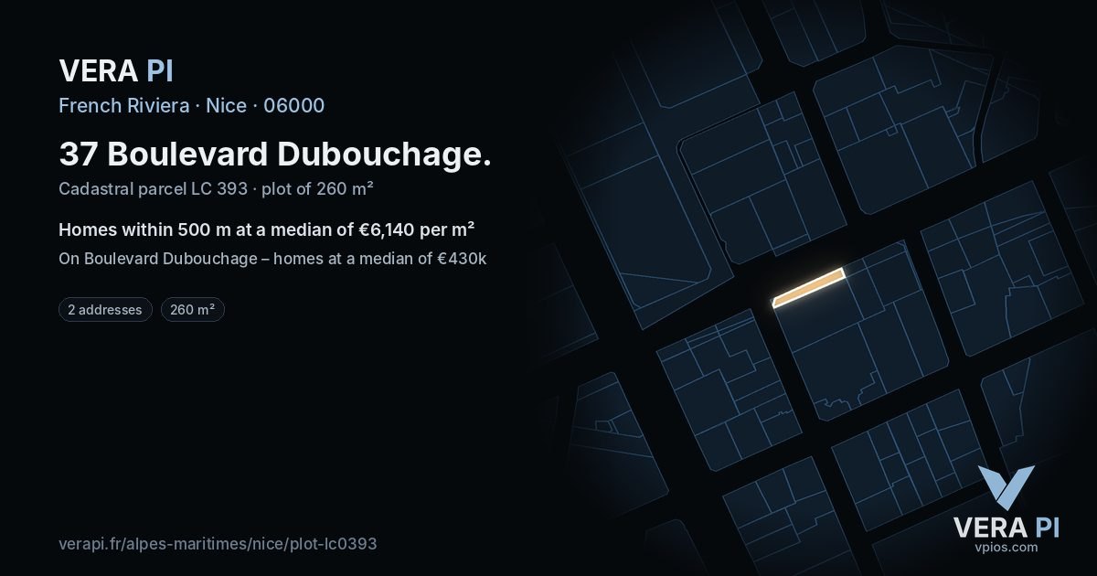 37 Boulevard Dubouchage, Nice at night – the plot lit, the parcels around coloured by the prices near them