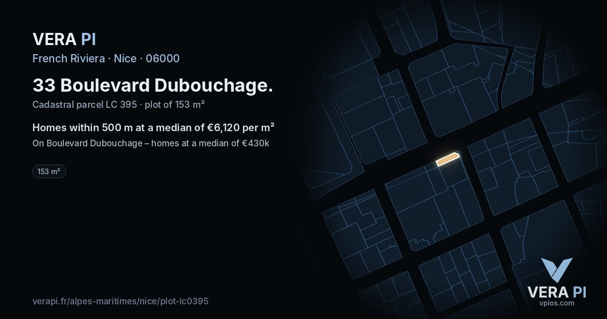 33 Boulevard Dubouchage, Nice at night – the plot lit, the parcels around coloured by the prices near them